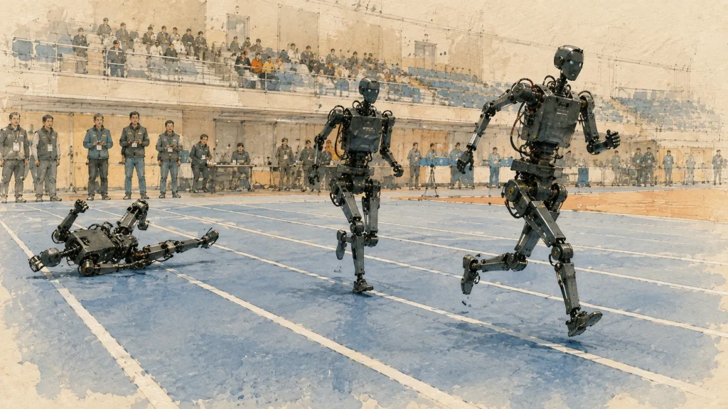 Contemporary humanoid prototypes compete in an indoor sprint while one robot loses balance. / Savremeni humanoidni prototipovi trče u dvorani dok jedan robot gubi ravnotežu.