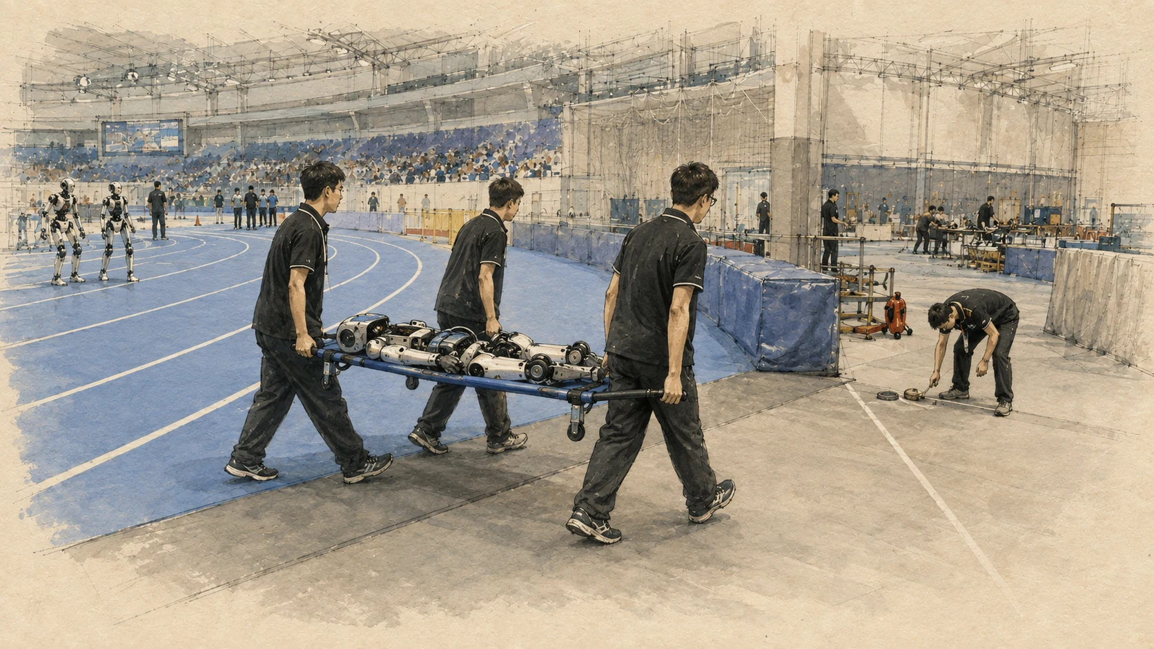 Technicians carry a disabled contemporary humanoid robot from an indoor athletics track.