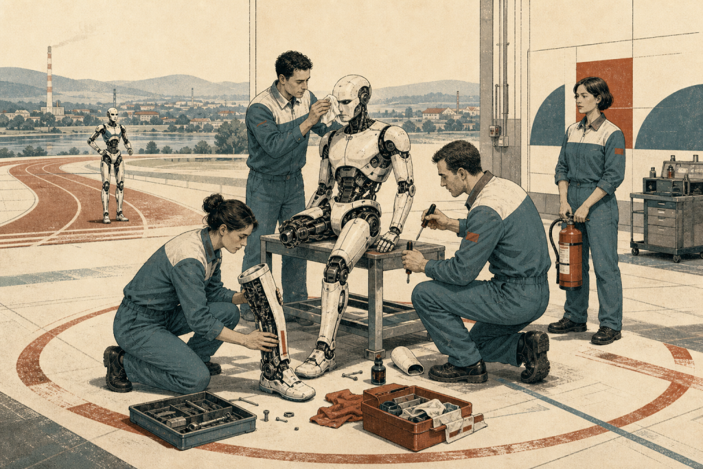 FutureView 2046 robot athletics repair crew services a humanoid runner beside the track for a Shit—Stop! service stop. / FutureView 2046 servisna ekipa robotske atletike popravlja humanoida kraj staze za Shit—Stop! servisni stop.