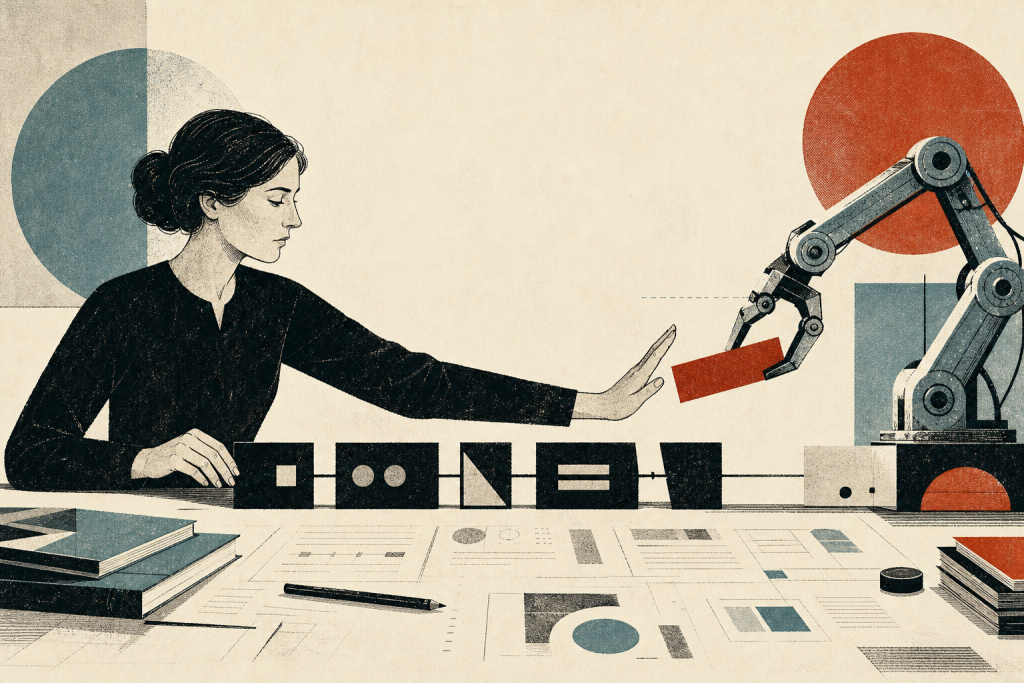 An editor stops a robotic arm forcing a false block into a chain of meaning: keyword optimisation meets semantic restraint. / Urednik zaustavlja robotsku ruku koja gura lažni blok u lanac značenja: optimizacija ključne reči susreće semantičku uzdržanost.