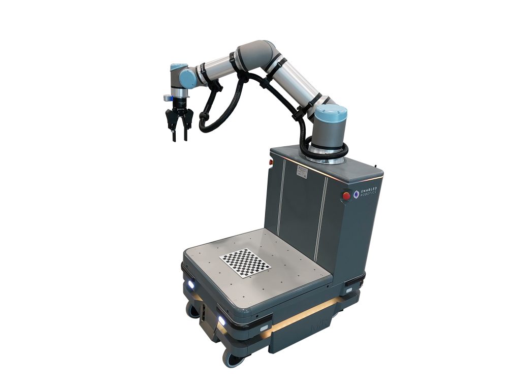 ER-FLEX mobile manipulator combines a MiR250 mobile robot and UR16e collaborative arm in a coordinated human–robot relation. / ER-FLEX mobilni manipulator spaja mobilnog robota MiR250 i kolaborativnu ruku UR16e u koordinisanom odnosu čoveka i robota.