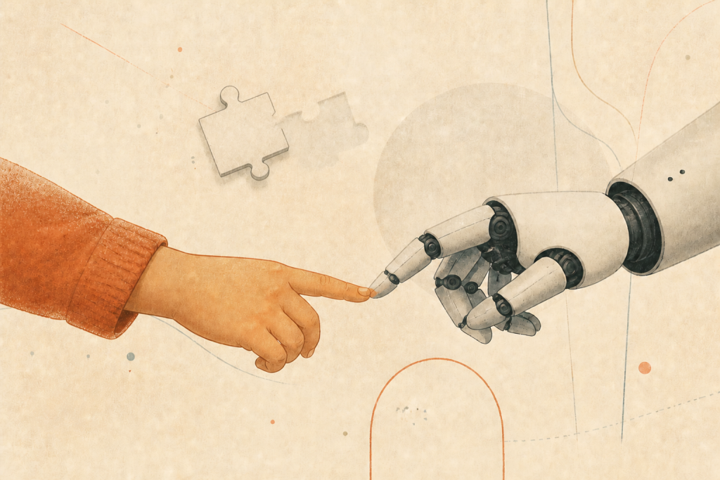 Child and social robot touching fingertips across a warm paper field, with a detached puzzle piece waiting to align — an editorial illustration of autism, social robotics and nonverbal communication. / Dete i socijalni robot dodiruju vrhove prstiju preko toplog polja papira, dok odvojeni deo slagalice čeka da se poravna — urednička ilustracija autizma, socijalne robotike i neverbalne komunikacije.