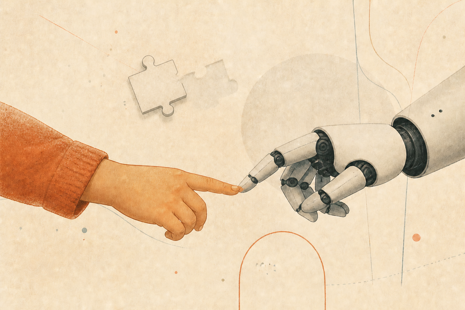 Child and social robot touching fingertips across a warm paper field, with a detached puzzle piece waiting to align — an editorial illustration of autism, social robotics and nonverbal communication. / Dete i socijalni robot dodiruju vrhove prstiju preko toplog polja papira, dok odvojeni deo slagalice čeka da se poravna — urednička ilustracija autizma, socijalne robotike i neverbalne komunikacije.