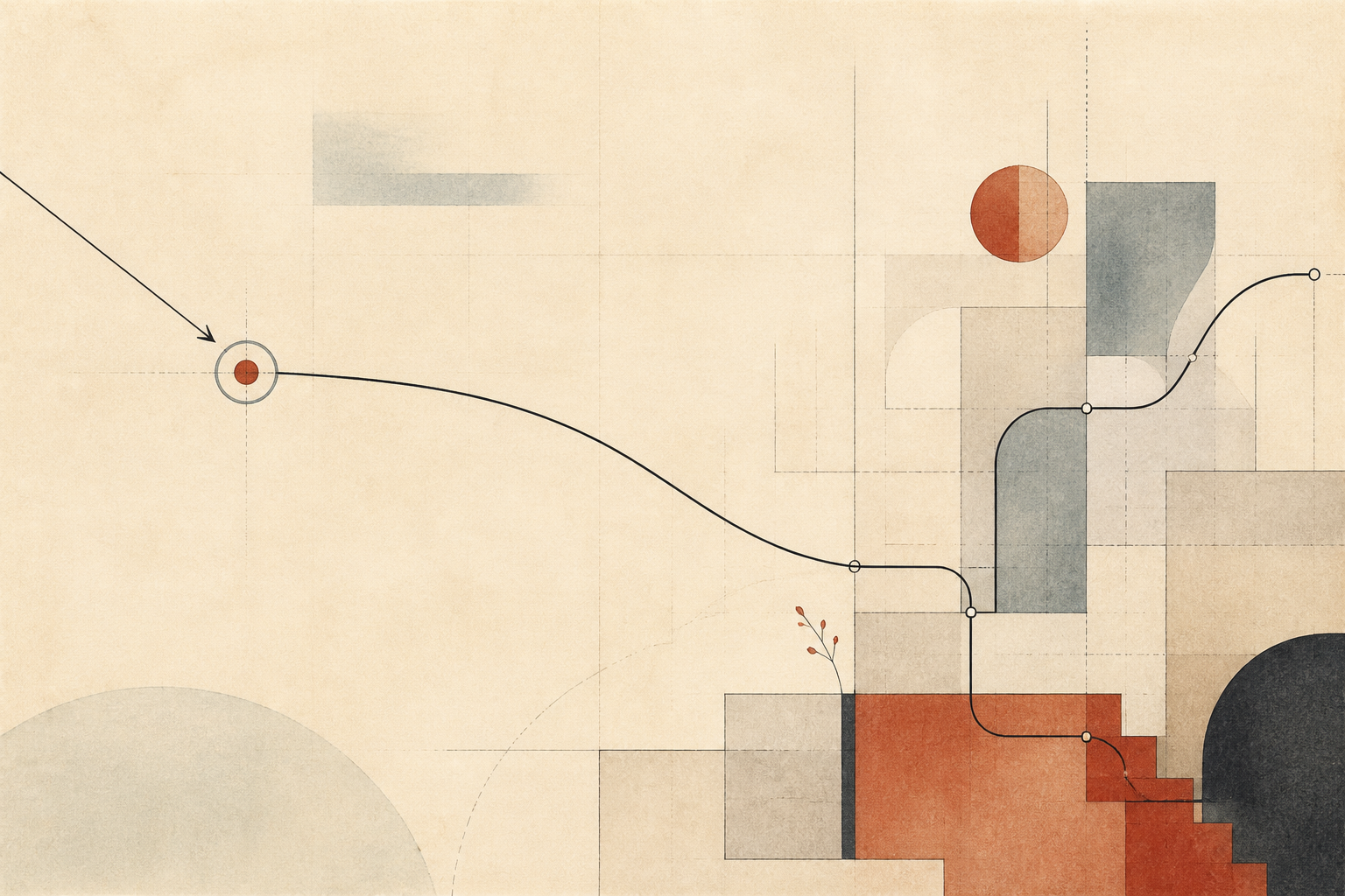 Editorial illustration of a failed trajectory moving through system layers toward a recoverable correction. / Ilustracija promašene putanje kroz slojeve sistema ka korekciji koja se može vratiti.