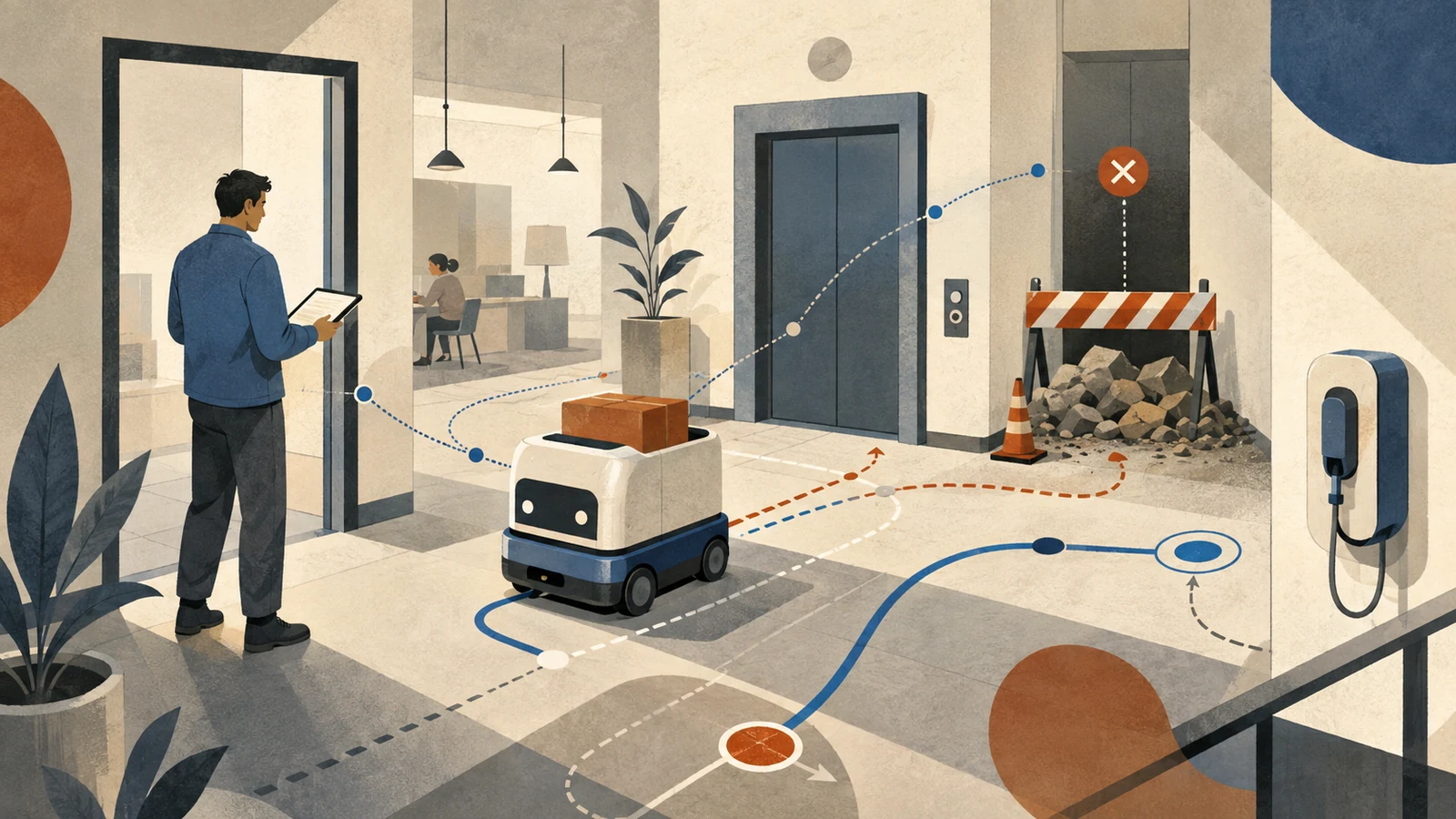 A worker oversees an autonomous cart navigating doors, lifts, charging and a blocked route in a shared workplace.
