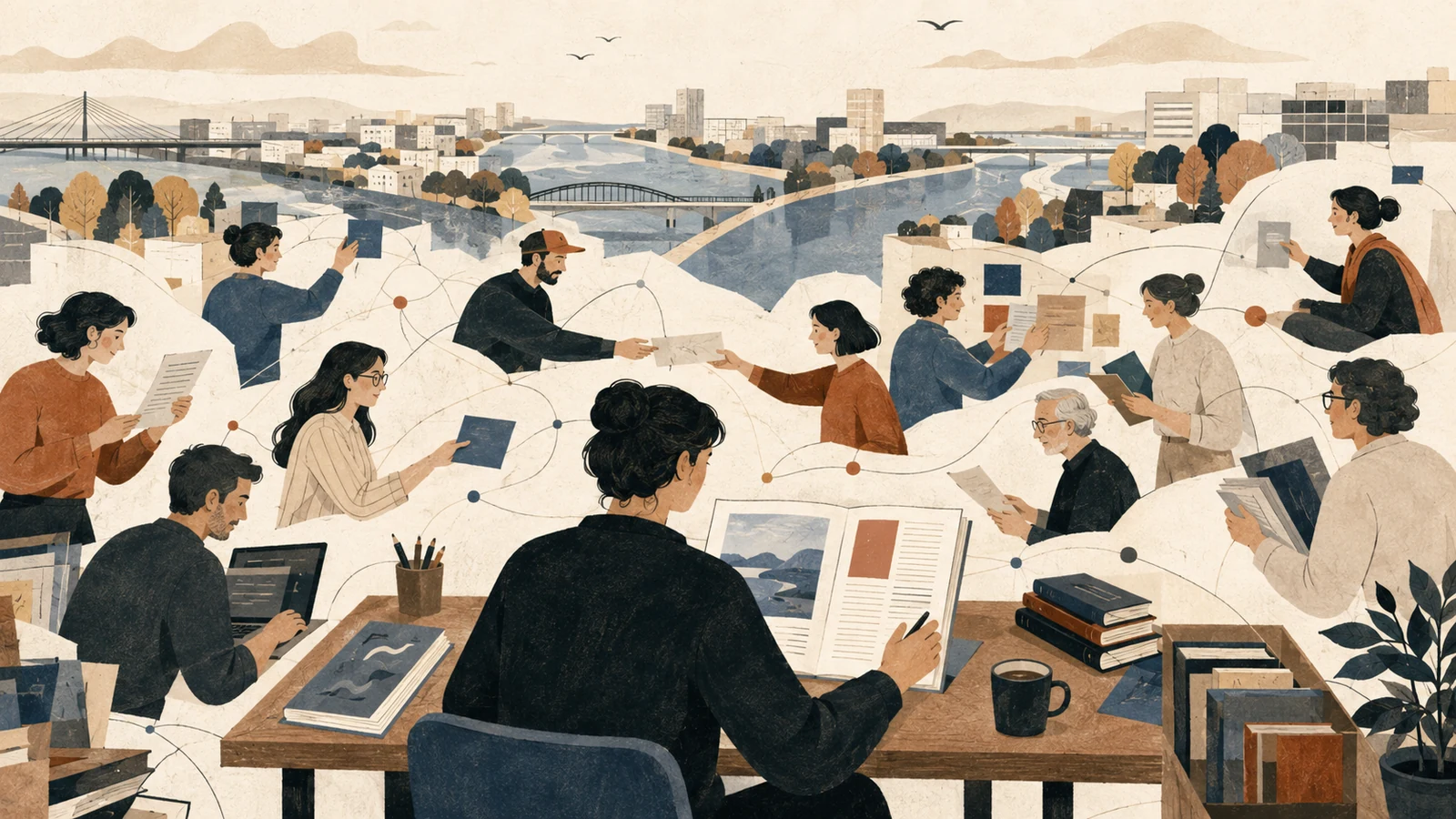 A publisher at a desk is supported by a connected community of developers, translators, designers and readers across Belgrade.