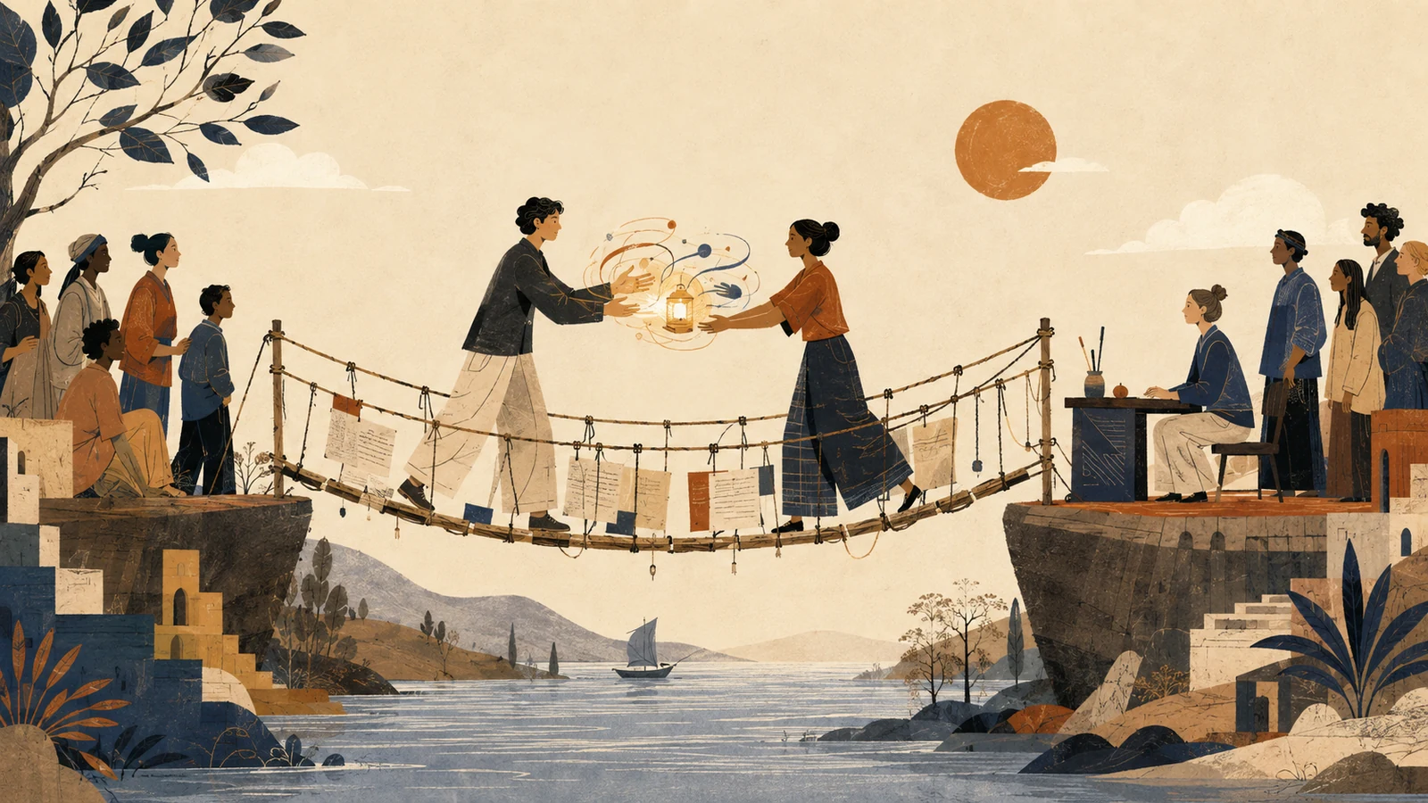 A writer and translator hand a living light of meaning across a rope-and-paper bridge toward a waiting reader.