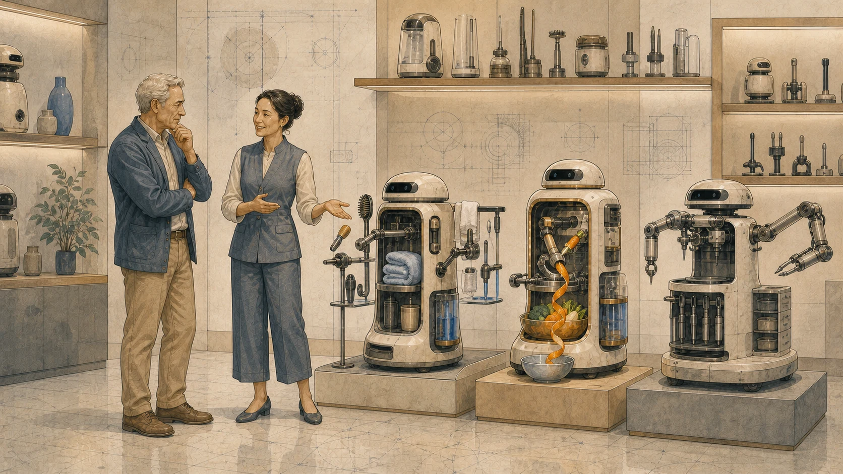 An older customer and a sales representative compare specialist personal-care and food-preparation robots in a near-future showroom.