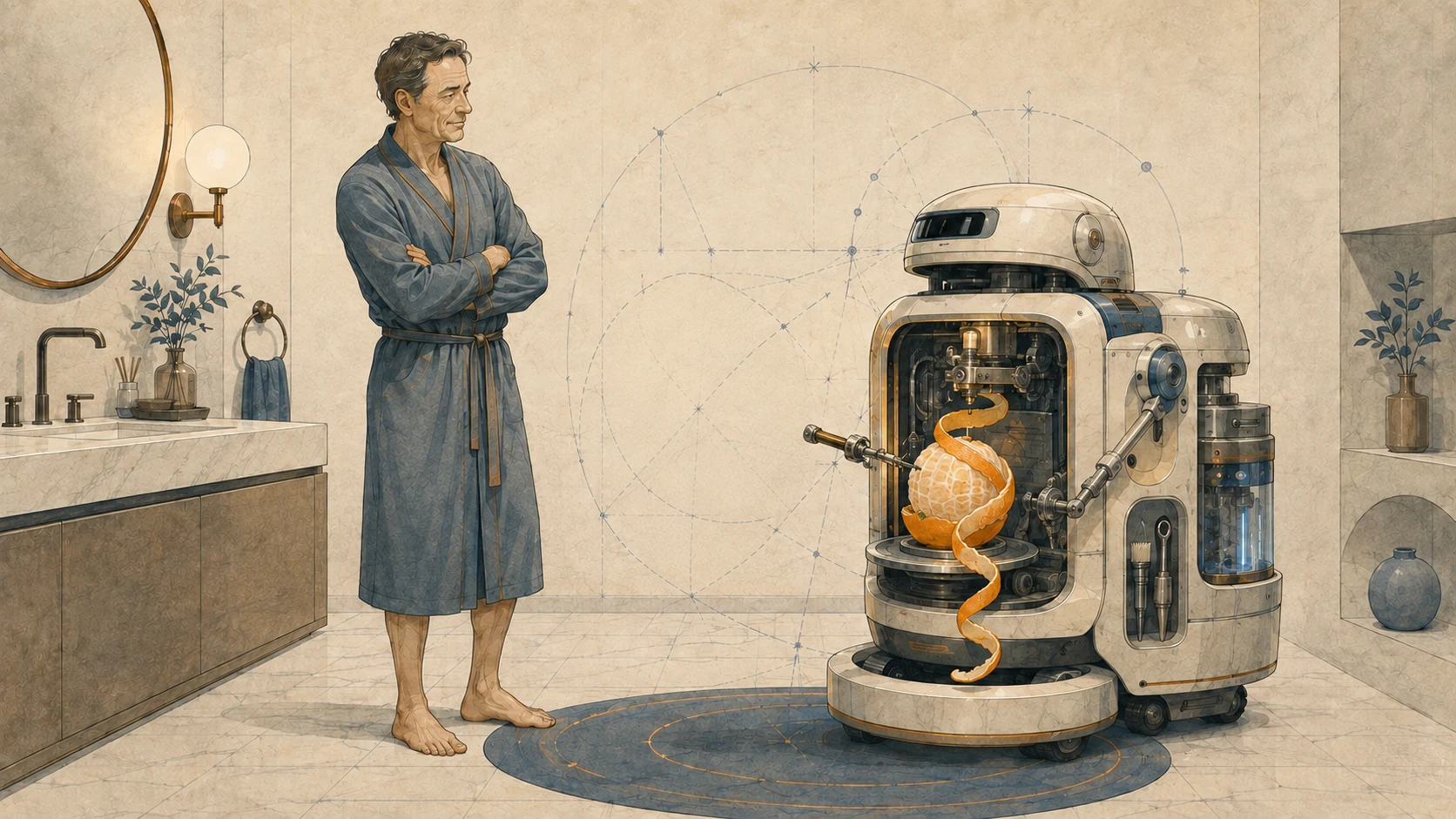 A fully human Andrew watches an autonomous ASSMERIZER peel an orange inside its open chest bay with two asymmetrical tool arms.