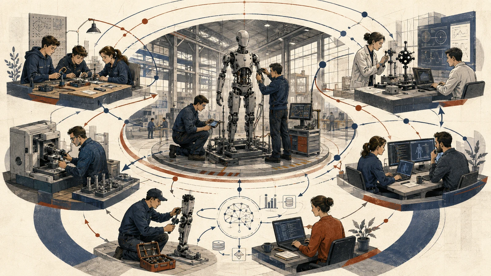 Assembly, education, research, local components, software and service circulate around a generic unfinished humanoid in a Serbian factory.