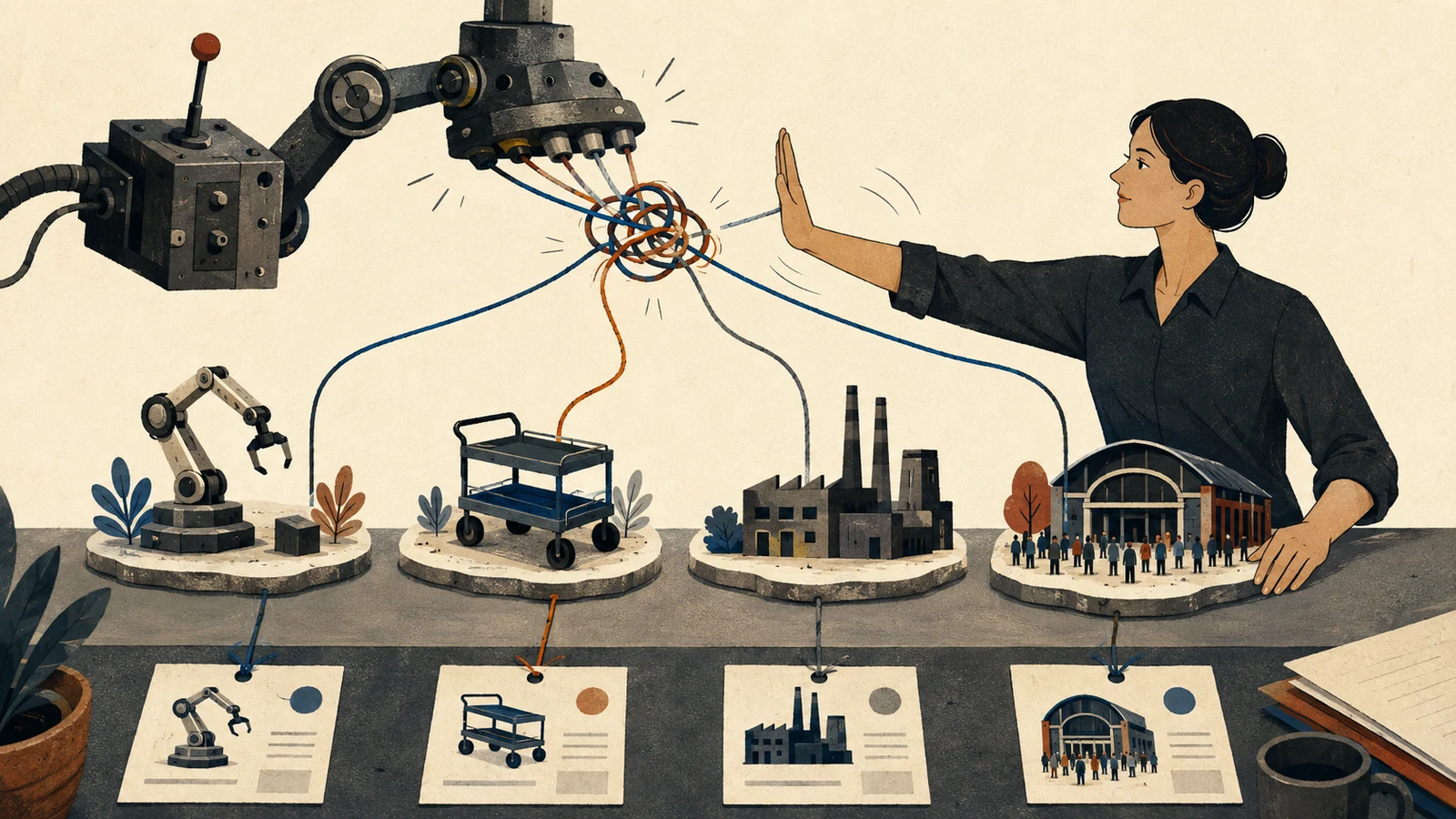 An editor stops a machine from tying separate evidence threads for a robot arm, cart, factory and event into one false knot.