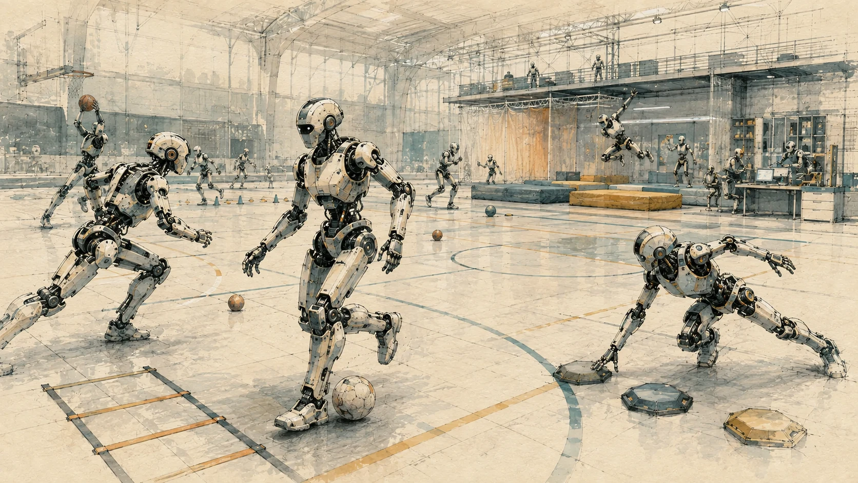 Advanced humanoid athletes train across multiple robot-sport disciplines in the Surčin 2046 Olympic complex.