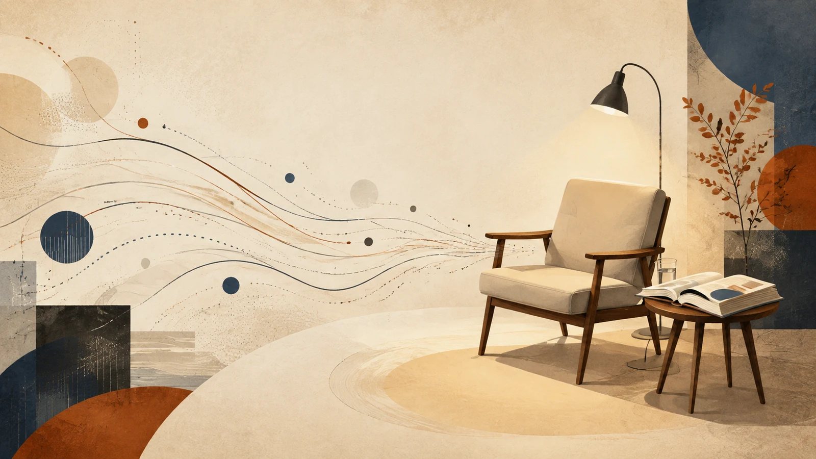 A quiet reading place has been prepared with an empty chair, warm lamp, water and an open publication.