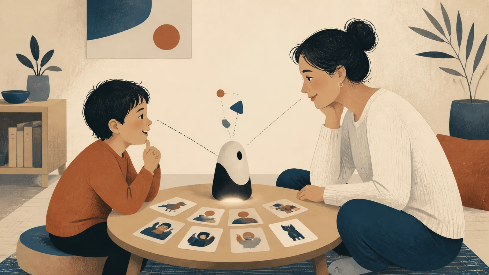 A child and caregiver exchange attention during a storytelling game while a small abstract social device supports the interaction.
