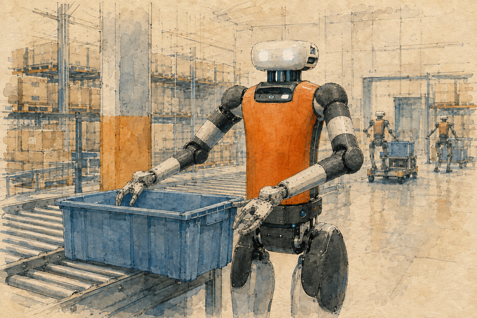 Watercolour editorial illustration of Agility Robotics’ Digit guiding a blue tote onto a warehouse conveyor, with two working units in the background.