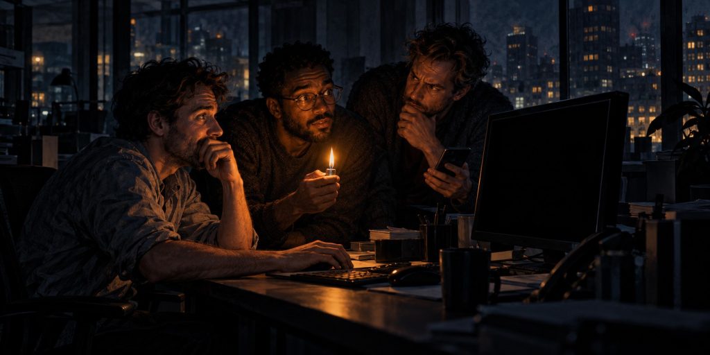 Three colleagues in an office debate AI while a question about the purpose of life waits on the monitor.