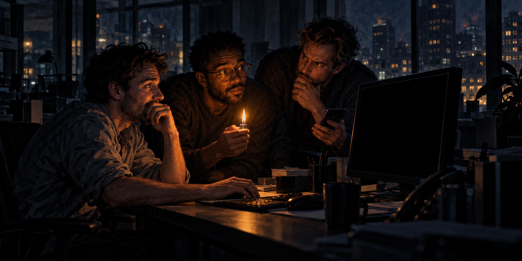 Three colleagues in an office debate AI while a question about the purpose of life waits on the monitor.