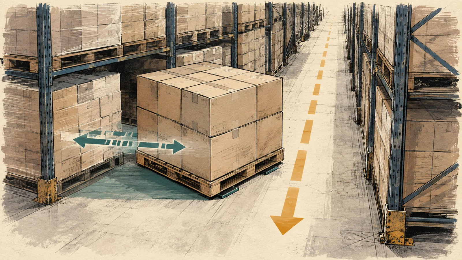 Conceptual editorial illustration of a loaded pallet moving autonomously sideways through a tight warehouse aisle without a forklift.