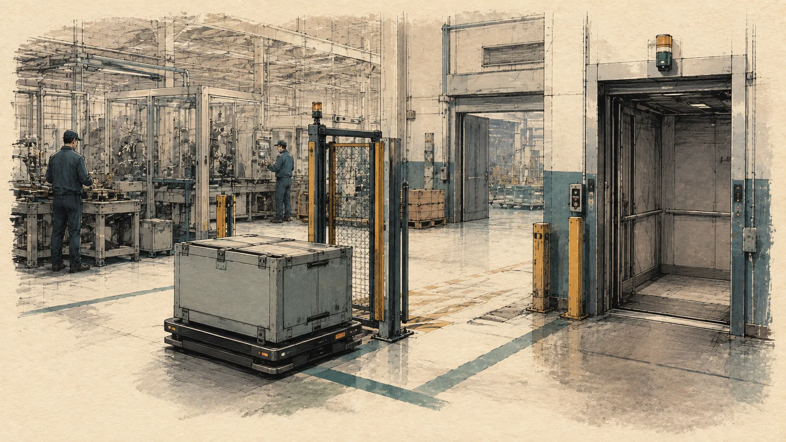 Editorial illustration of a materials container moving through a coordinated factory gate toward an elevator while workers continue their own tasks.