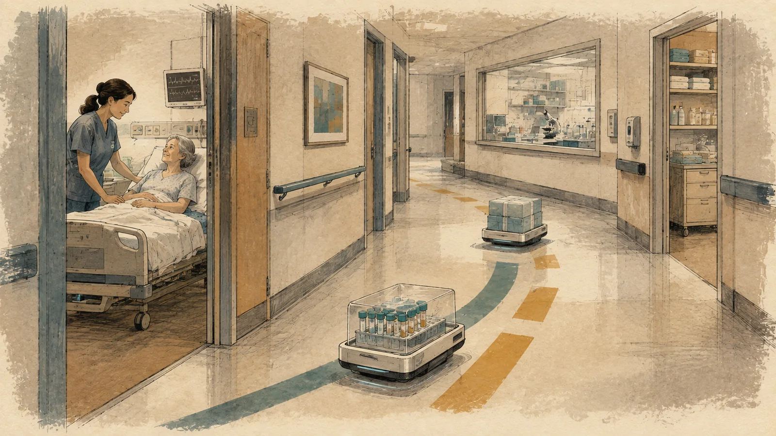 Editorial illustration of medical supplies and specimens moving through a hospital corridor while a clinician remains beside a patient.