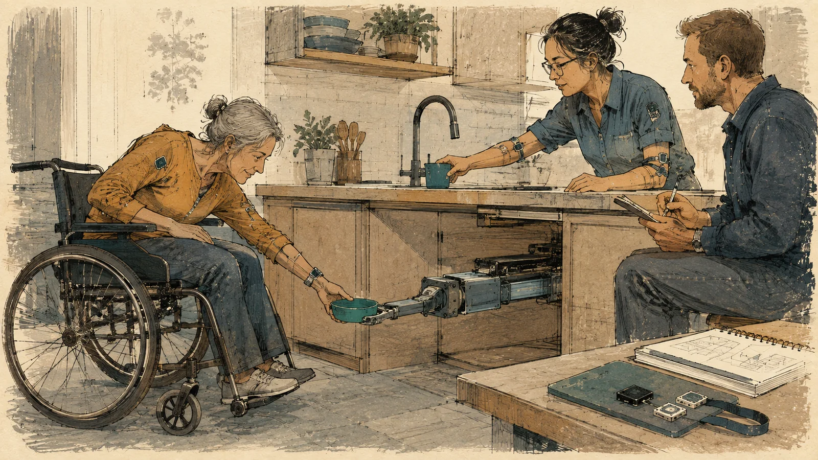 Editorial illustration of a wheelchair user, researchers and an adaptable assistive mechanism testing reach from floor level to a kitchen counter.