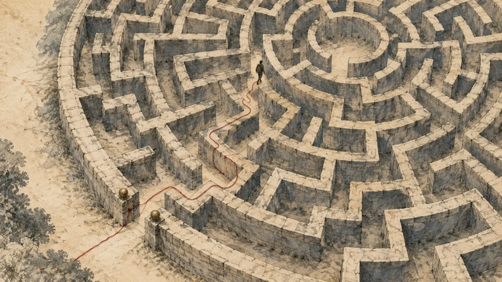 A thin red thread remains tied to the entrance and traces the path already taken through the stone labyrinth; the way ahead is unmarked.