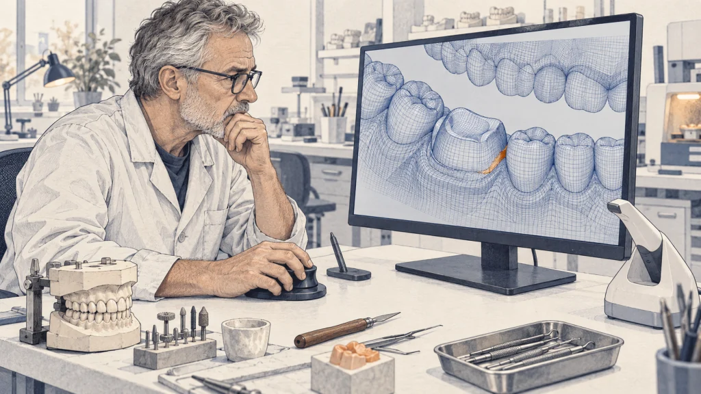 A dental technician checks an incomplete margin on an AI-analysed intraoral scan.