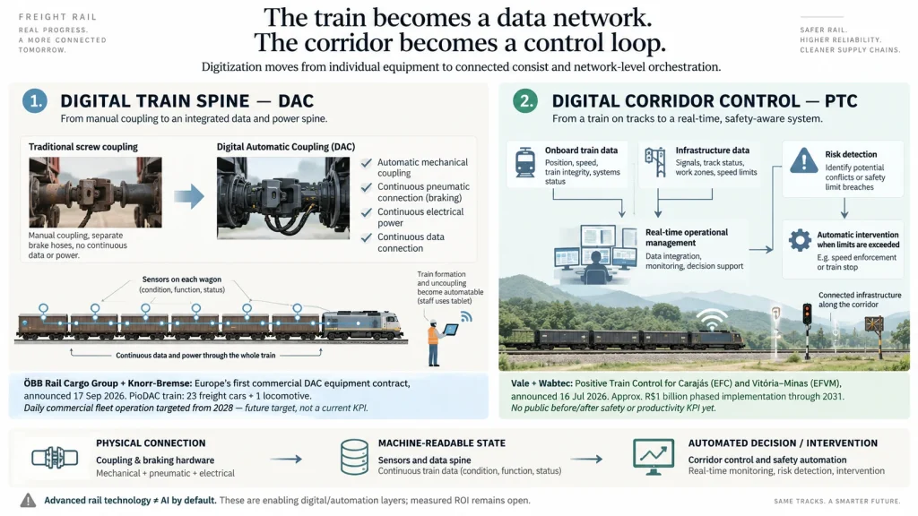 A freight train becomes a data network through digital couplers, track sensing and corridor-level safety control.