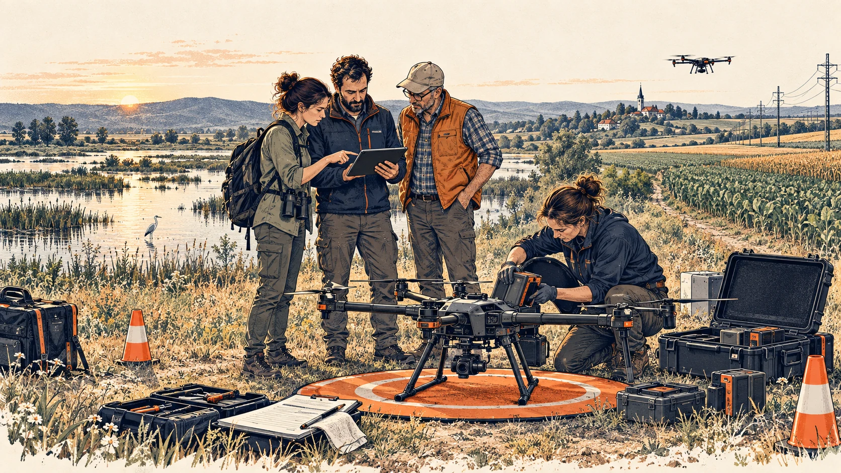 An operator, user and technician check data and maintain a drone after a civilian field mission.