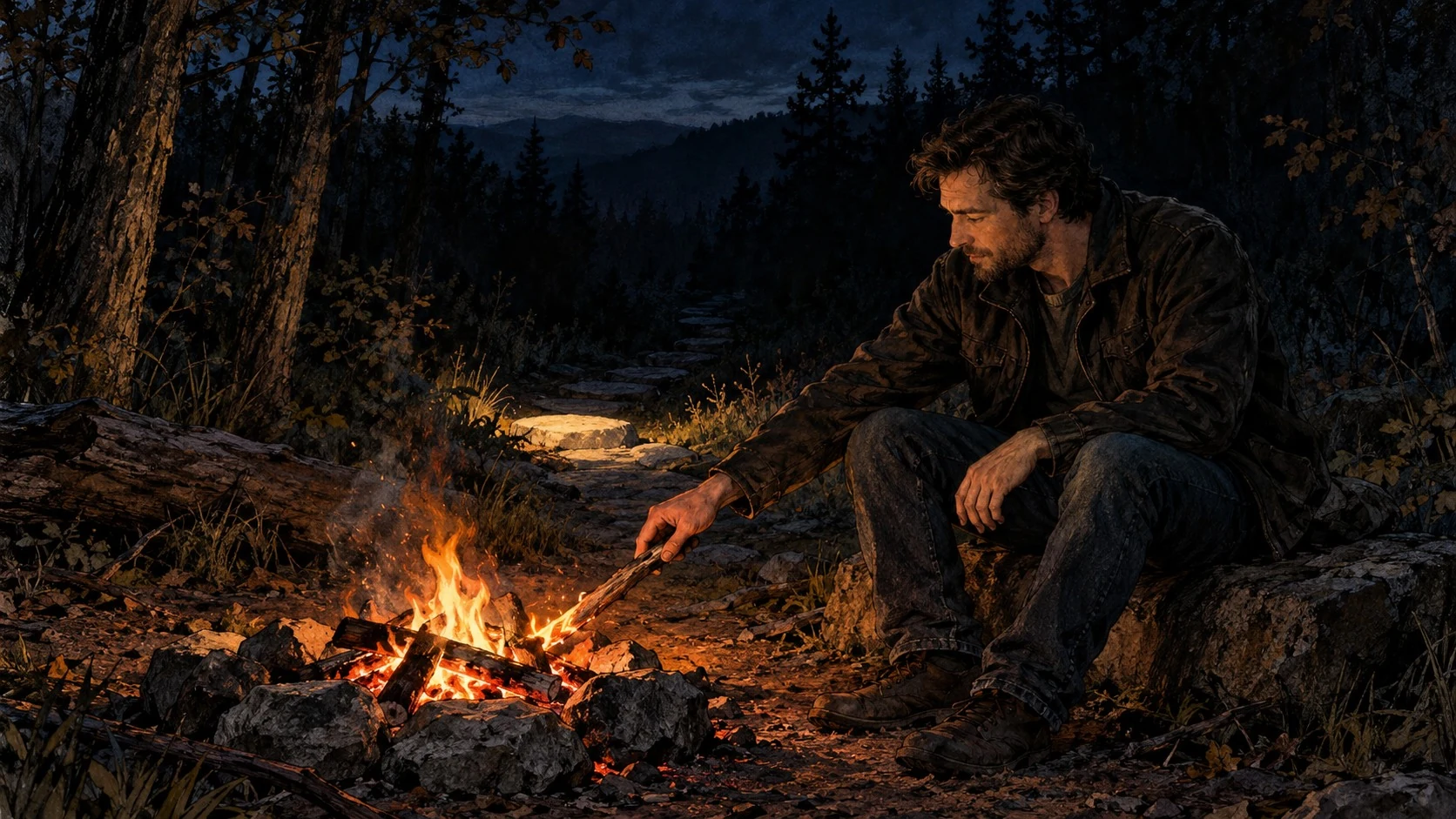 A man tends a small campfire at ease as it lights the next stone on the path.