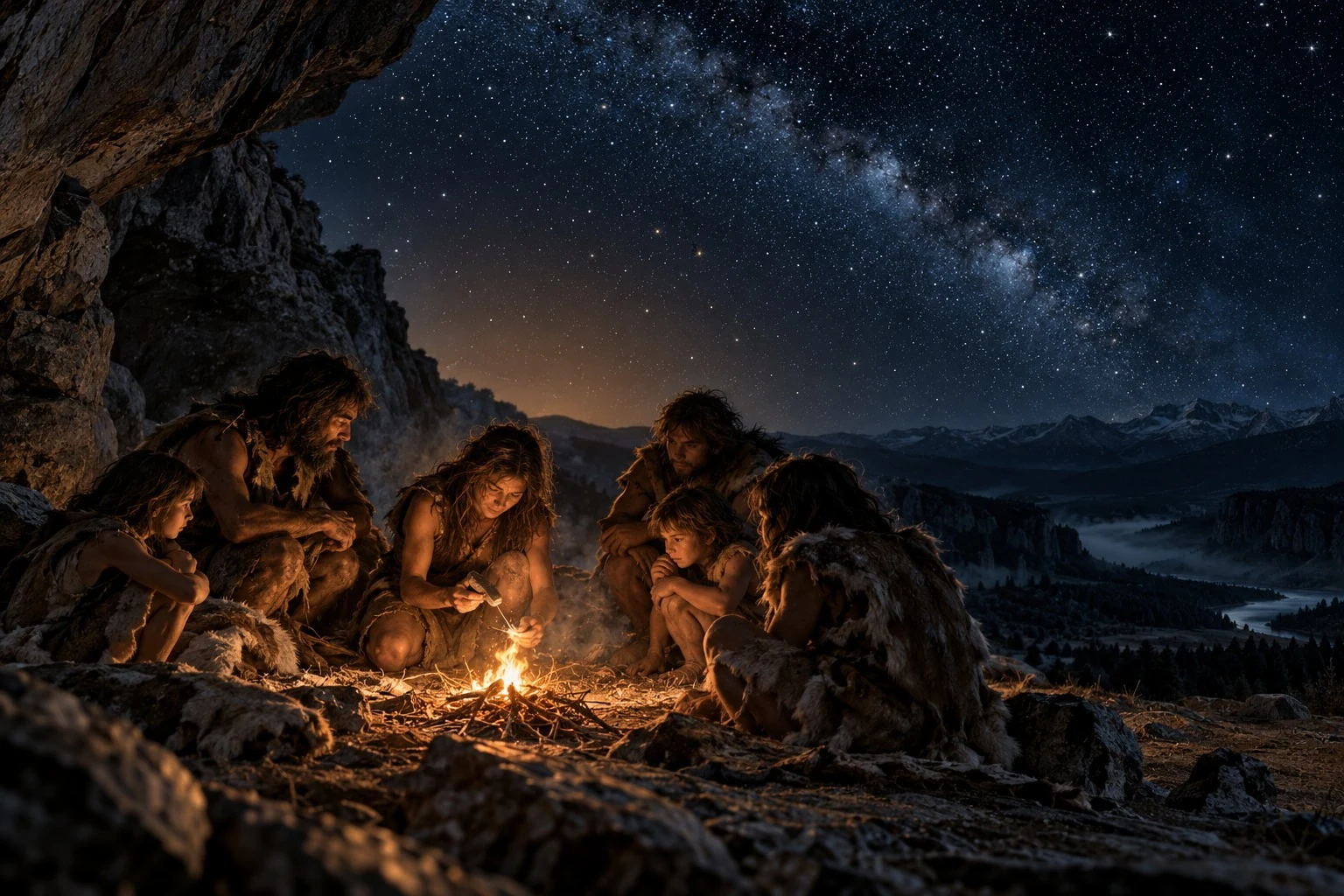 A prehistoric community gathers around a small fire beneath a starry sky.