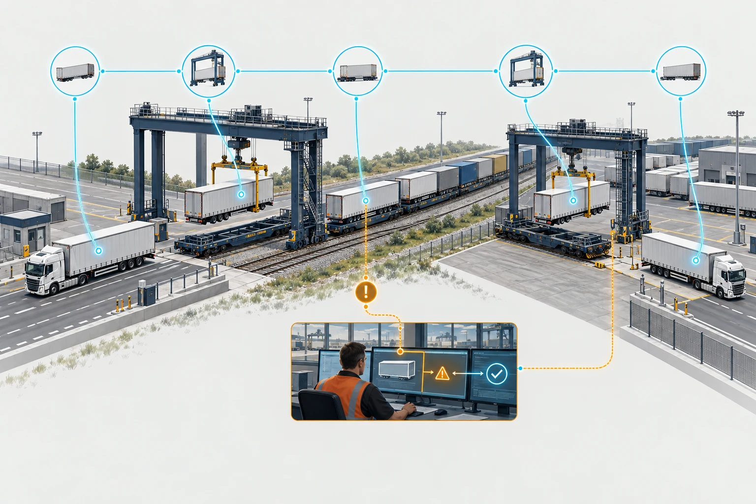 The intermodal flow of the same trailer through a lorry, terminal crane, railway wagon and final road mile, connected by a single data identity.