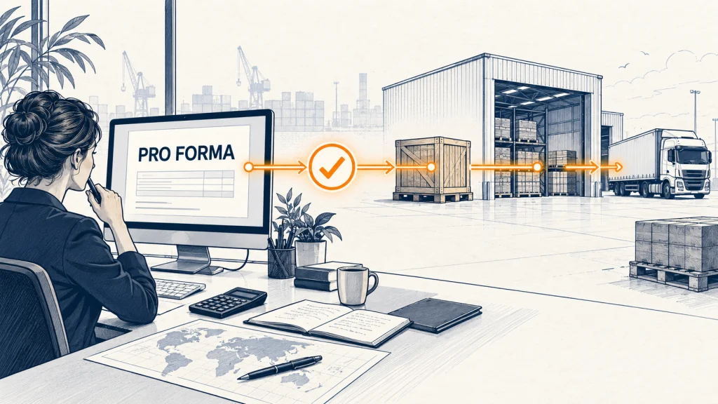 A pro forma on a computer starts a chain linking an office, warehouse, truck and cargo ship before the final transaction exists.