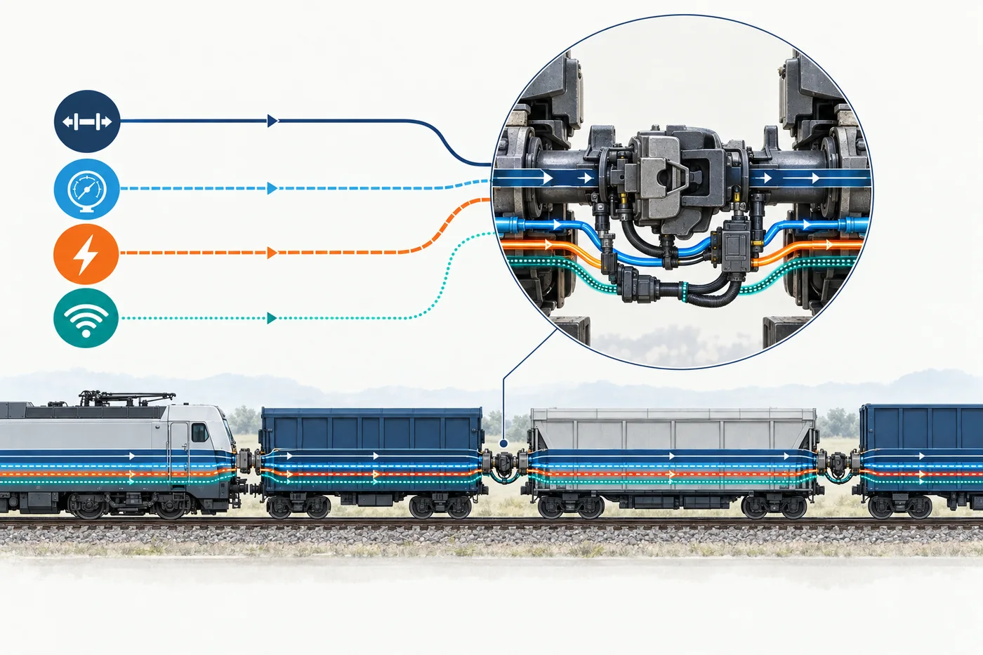 Technical diagram of a freight-train DAC spine with separate mechanical, pneumatic, electrical-power and data channels.