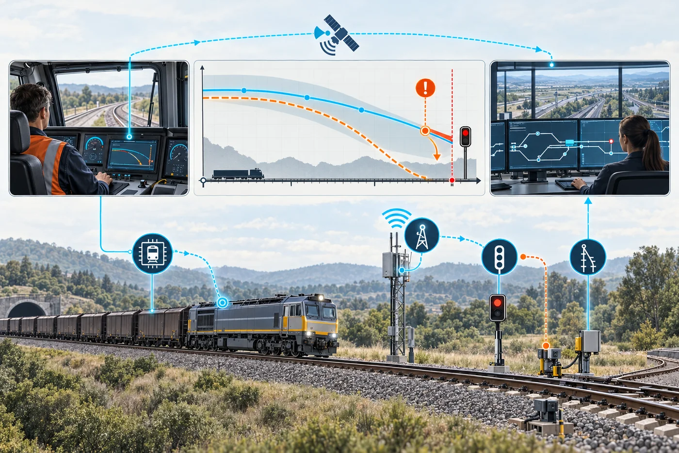 Diagram of the I-ETMS PTC safety loop linking the driver, locomotive, communications, wayside equipment and operations centre, with a braking curve before the movement limit.