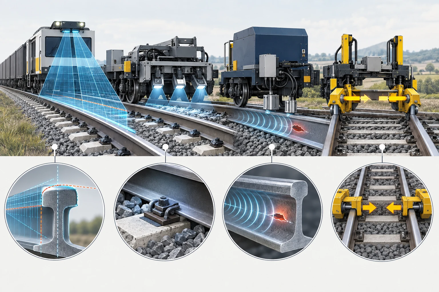 Four methods of track inspection: laser geometry measurement, Machine Vision, ultrasound and GRMS lateral loading.