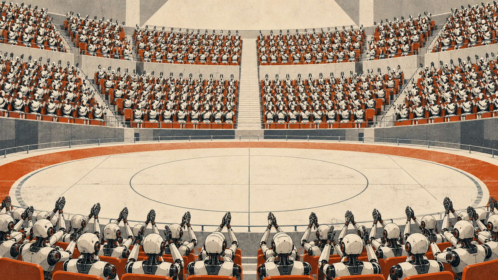 Rows of robotic spectators applaud an empty arena in synchrony.