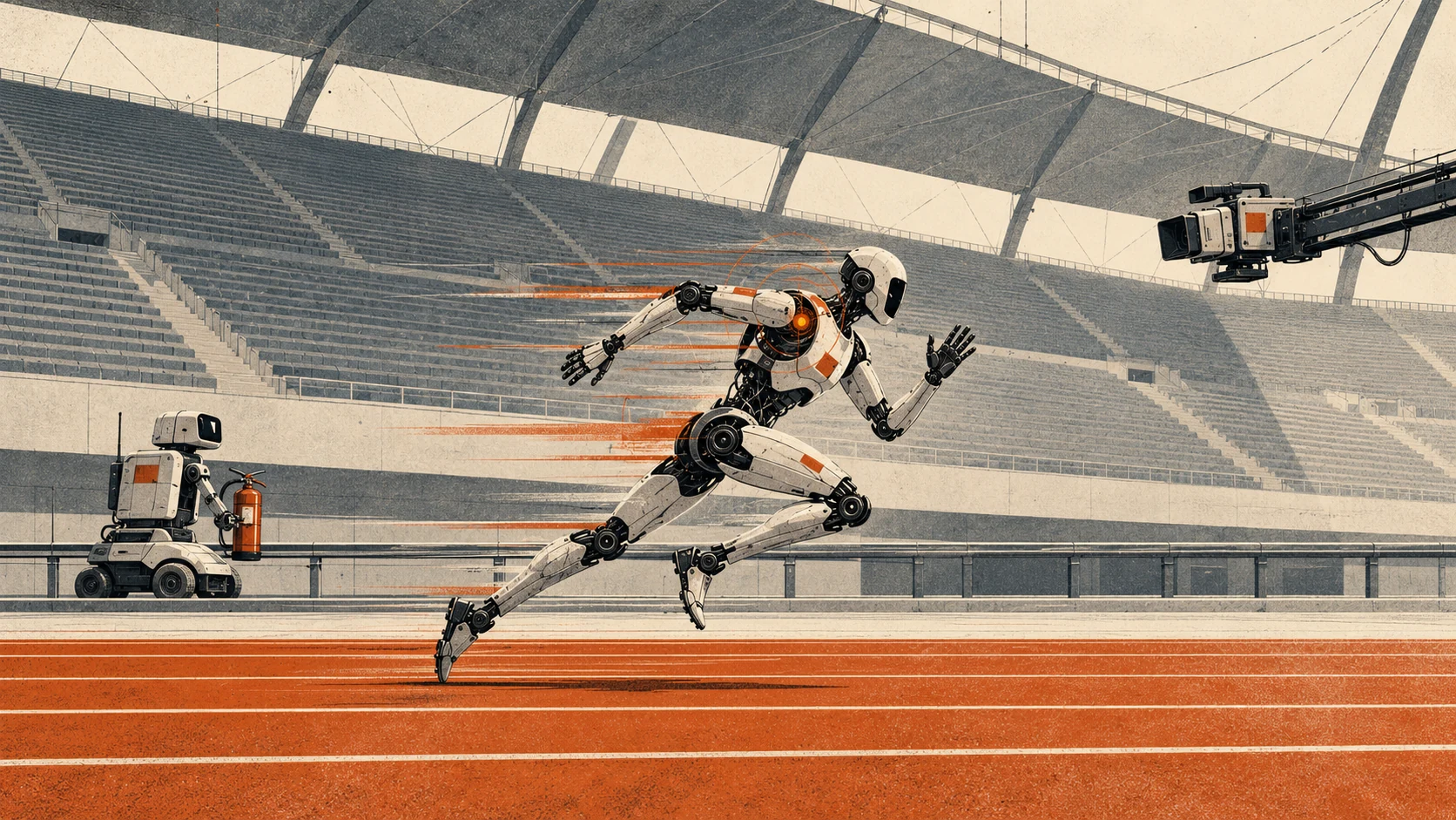 Husenoid Bolt runs through an empty stadium while a service robot follows him with a fire extinguisher.