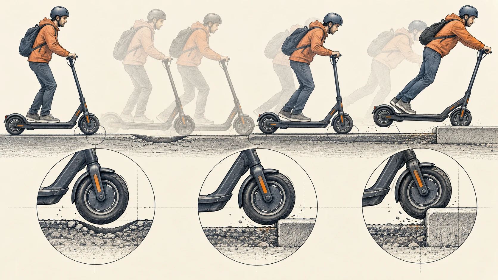 A technical drawing shows the small front wheel of an e-scooter crossing a pothole, a change in level and a kerb.