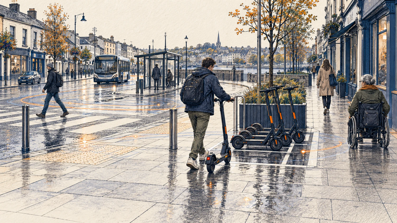 In Wexford, a rider returns an e-scooter to a designated parking zone while geofencing slows vehicles near pedestrians.