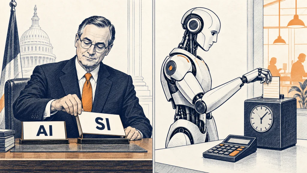 A government official and a humanoid robot stand between the U.S. Capitol and an orange-lit workplace, framing the politics and price of automation.