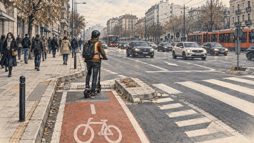 An e-scooter rider stops where the cycle path breaks between the pavement and a multi-lane road.